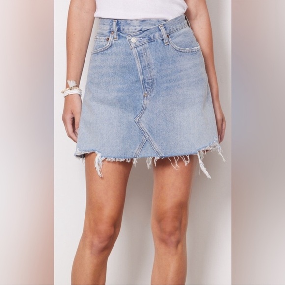 Agolde Criss Cross Buttonfly Distressed Denim Skirt Size 27 - Picture 4 of 13